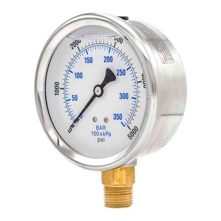 Engineered Specialty Products, Inc Pic Gauges 4" Pressure Gauge, Liquid Filled, 5000 PSI, Stainless Case, Lower Mount, 201L-402R 201L-402R